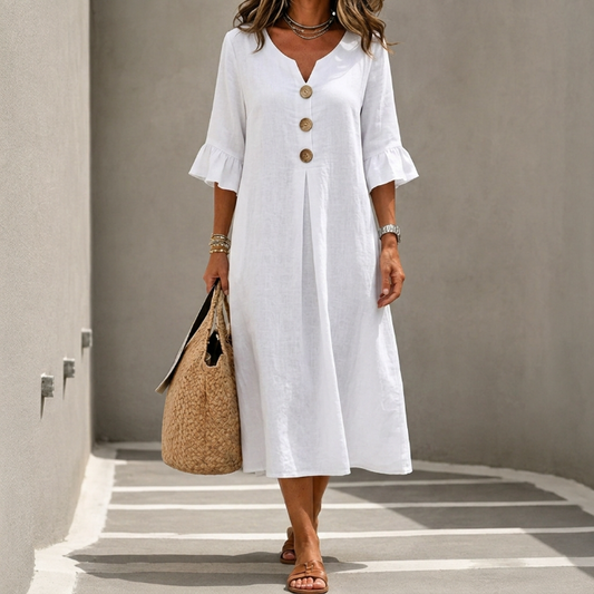 Vanesa | Vestido Texturizado con Mangas Abullonadas y Botones