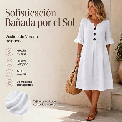Vanesa | Vestido Texturizado con Mangas Abullonadas y Botones