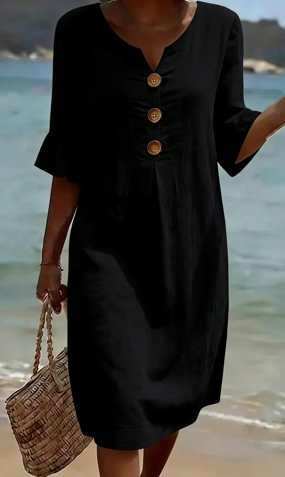 Vanesa | Vestido Texturizado con Mangas Abullonadas y Botones
