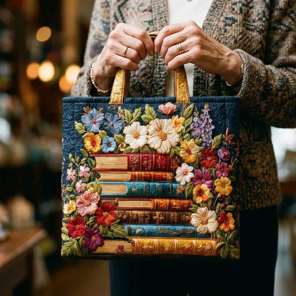 Bolso artesanal - Estampado floral y libros