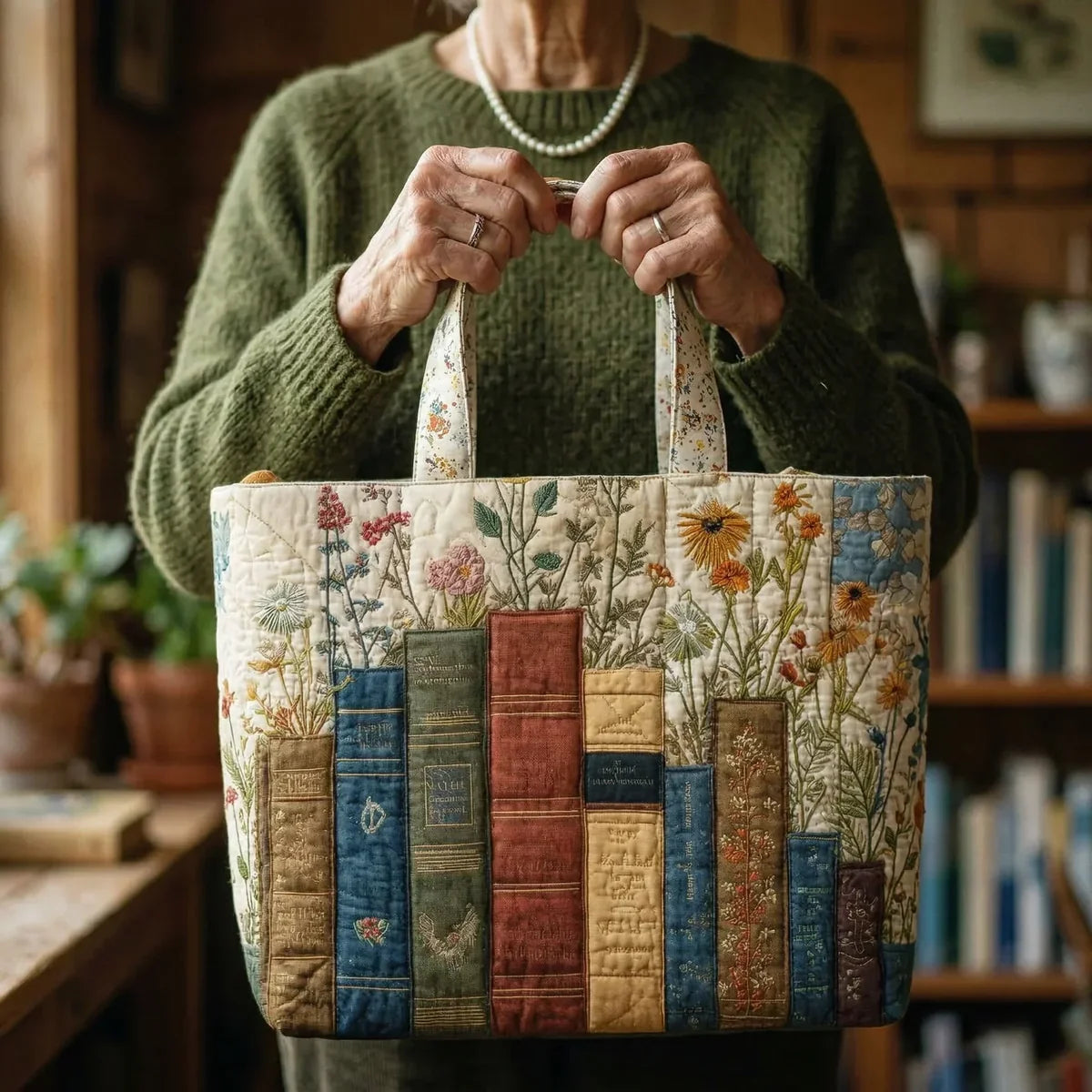 Bolso artesanal acolchado - Libros y flores