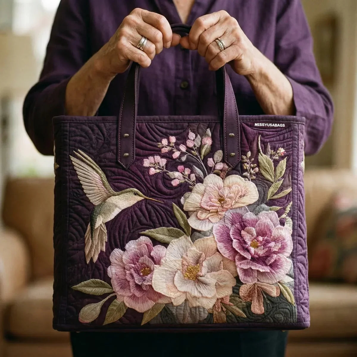 Bolso artesanal acolchado - Colibríes y orquídeas