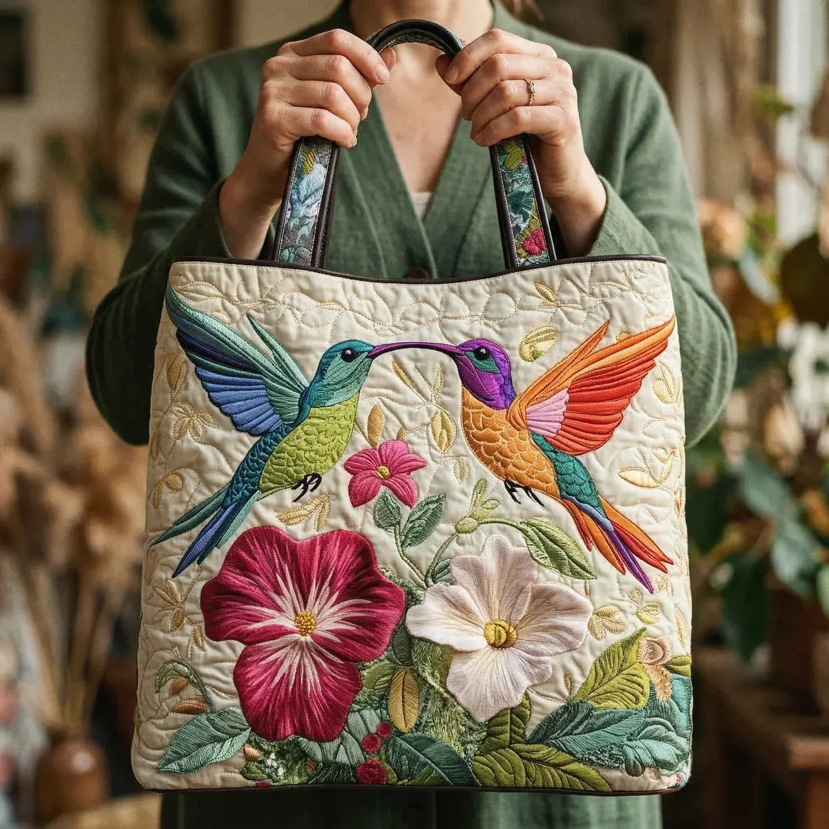 Bolso acolchado - Colibríes y flores blancas