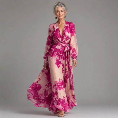 Julieta - Vestido maxi floral rosa con escote en V y cinturón