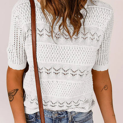 Suéter de crochet con cuello redondo y manga corta