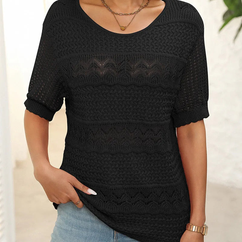 Suéter de crochet con cuello redondo y manga corta