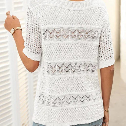 Suéter de crochet con cuello redondo y manga corta