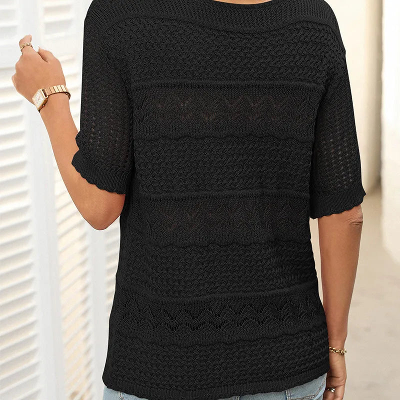 Suéter de crochet con cuello redondo y manga corta