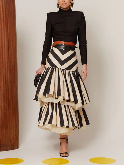 Falda Midi con Volantes en Capas y Rayas Chevron