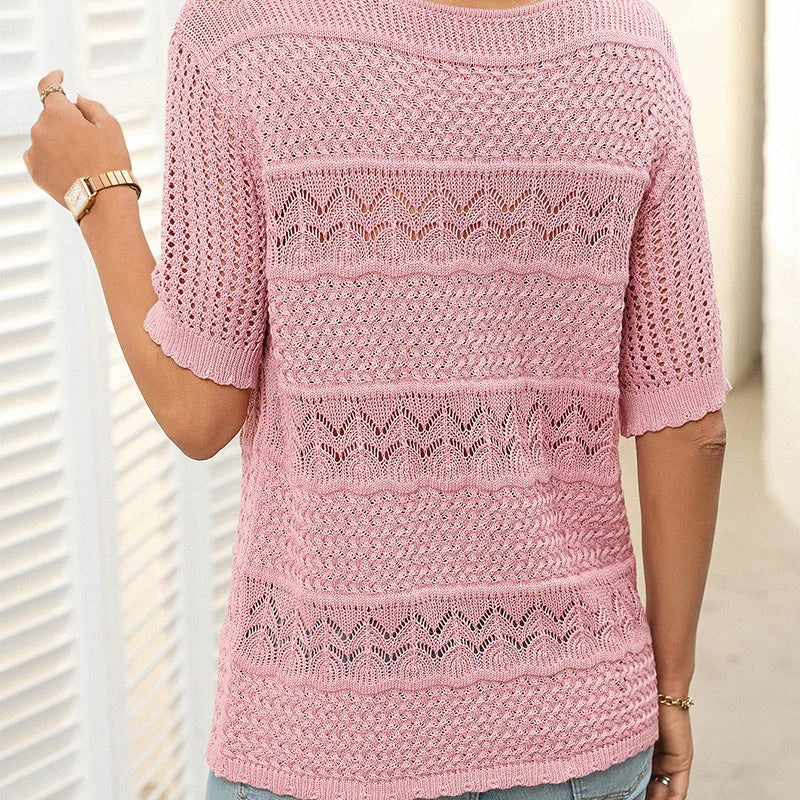 Suéter de crochet con cuello redondo y manga corta