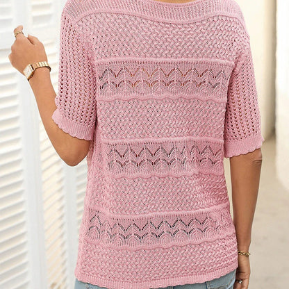 Suéter de crochet con cuello redondo y manga corta