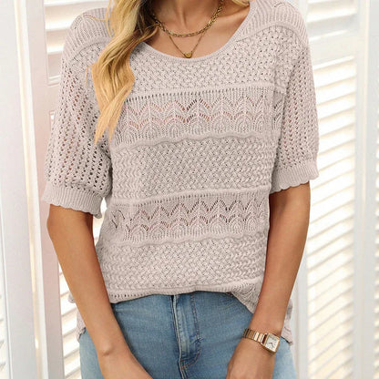 Suéter de crochet con cuello redondo y manga corta