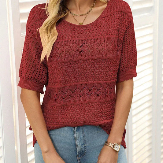 Suéter de crochet con cuello redondo y manga corta