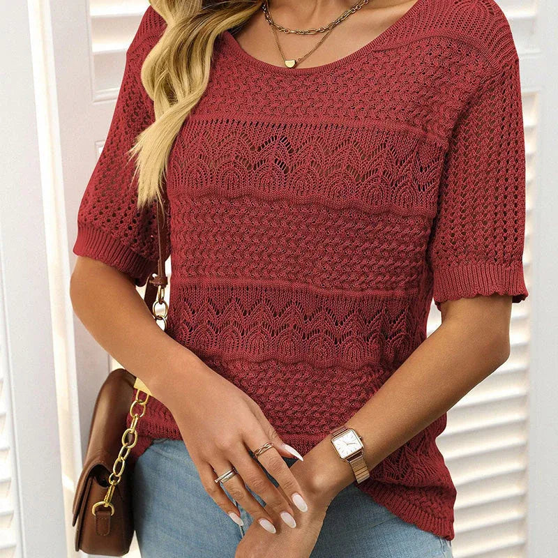 Suéter de crochet con cuello redondo y manga corta