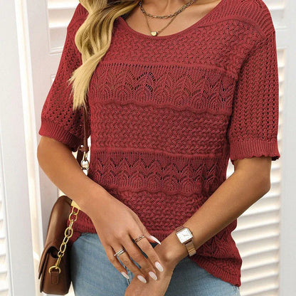 Suéter de crochet con cuello redondo y manga corta