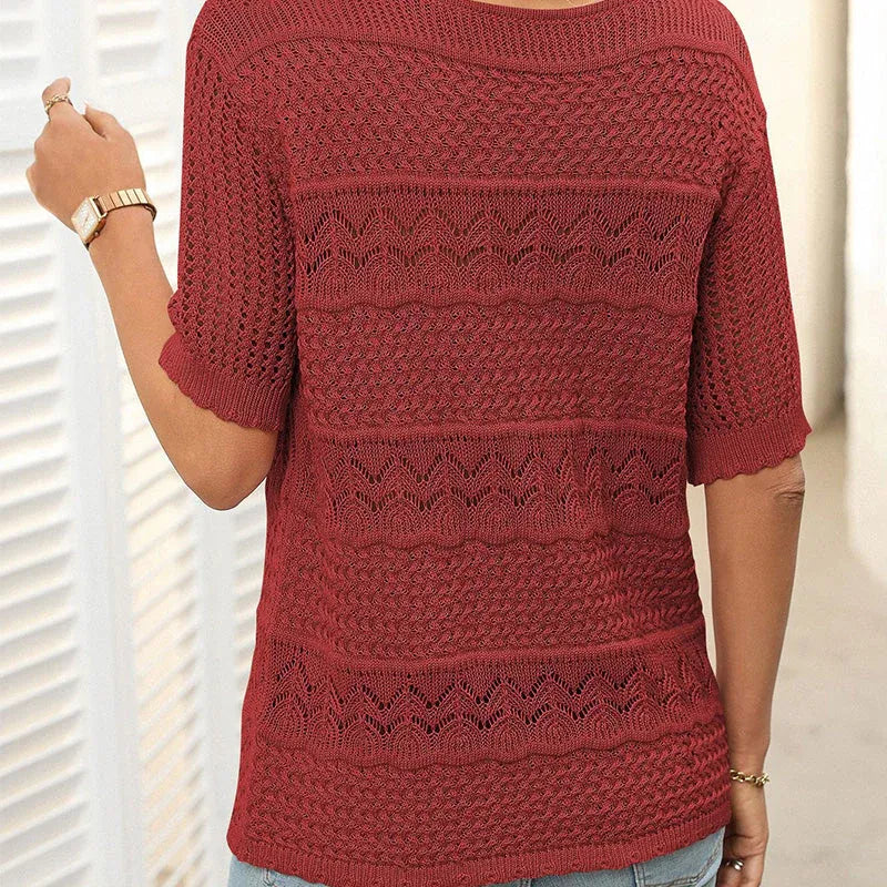 Suéter de crochet con cuello redondo y manga corta