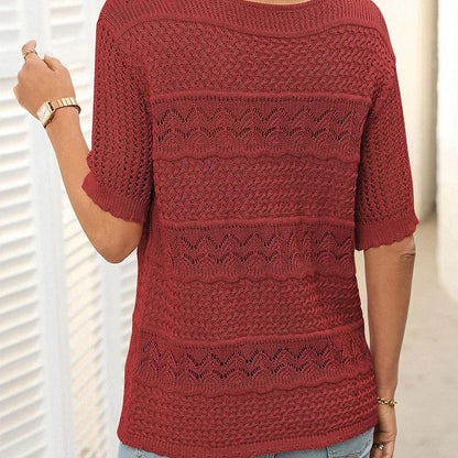 Suéter de crochet con cuello redondo y manga corta