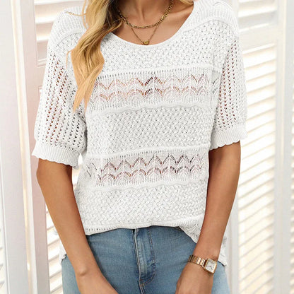 Suéter de crochet con cuello redondo y manga corta