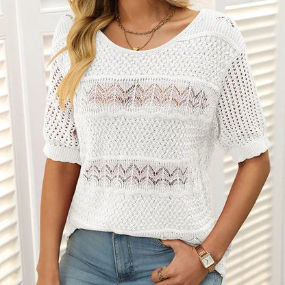 Suéter de crochet con cuello redondo y manga corta