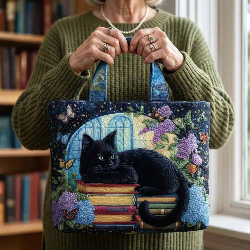 Bolso artesanal - Gato negro sobre libros