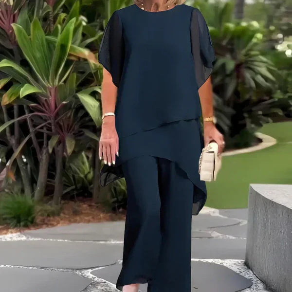 Nuria - Conjunto elegante con top asimétrico y pantalón ancho