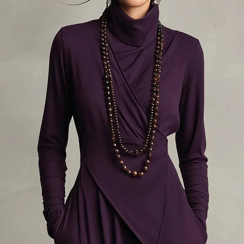 Elena - Vestido maxi elegante con cuello alto y drapeado asimétrico