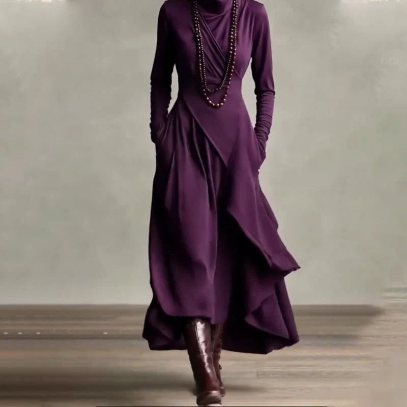 Elena - Vestido maxi elegante con cuello alto y drapeado asimétrico