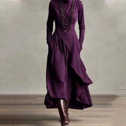 Elena - Vestido maxi elegante con cuello alto y drapeado asimétrico