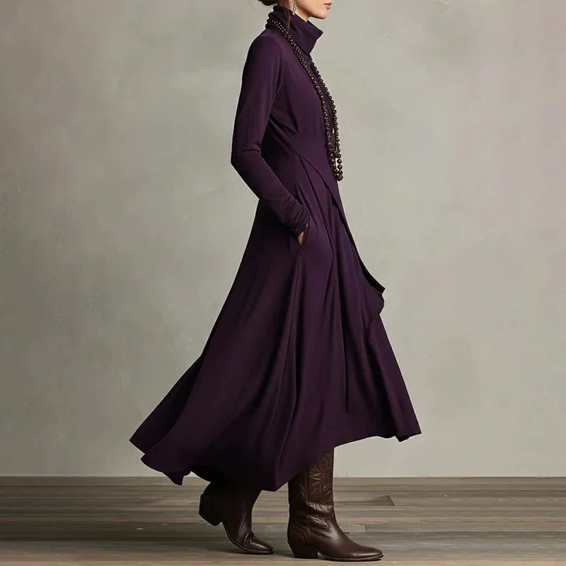 Elena - Vestido maxi elegante con cuello alto y drapeado asimétrico