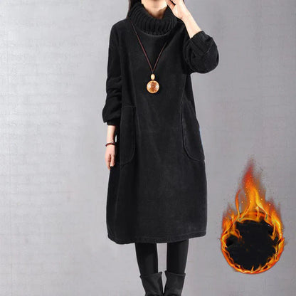 Paula - Vestido largo de pana con cuello alto y corte holgado