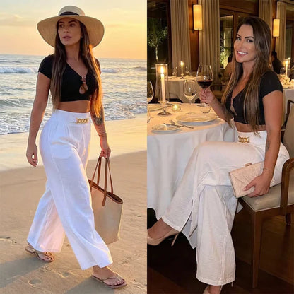 Siena – Pantalones anchos de cintura alta con detalle de cinturón