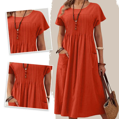 Irene - Vestido plisado con mangas cortas y bolsillos
