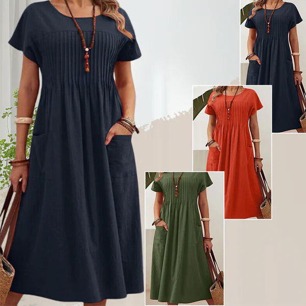 Irene - Vestido plisado con mangas cortas y bolsillos