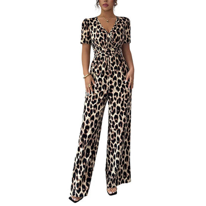 Lara - Mono de leopardo con escote en V y pierna ancha