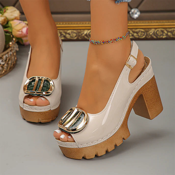 Eva - Sandalias peeptoe de tacón ancho con hebilla metálica