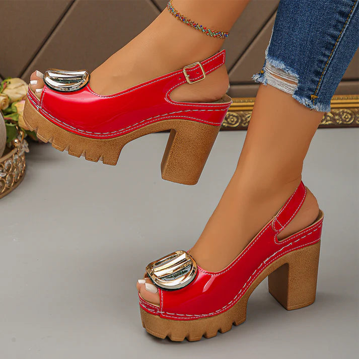 Eva - Sandalias peeptoe de tacón ancho con hebilla metálica