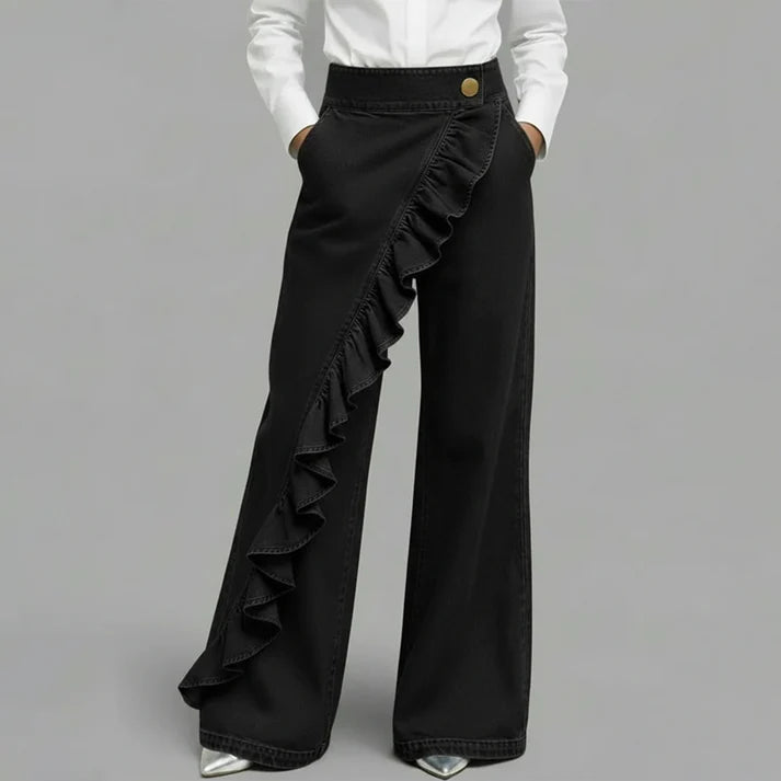 Violeta - Pantalones vaqueros asimétricos con volante y pierna ancha