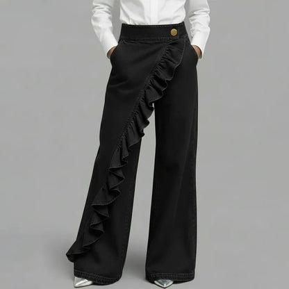 Violeta - Pantalones vaqueros asimétricos con volante y pierna ancha