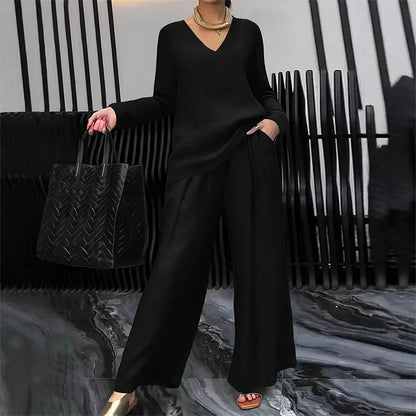 Bianca - Conjunto cómodo con cuello en V y pantalones de pierna ancha