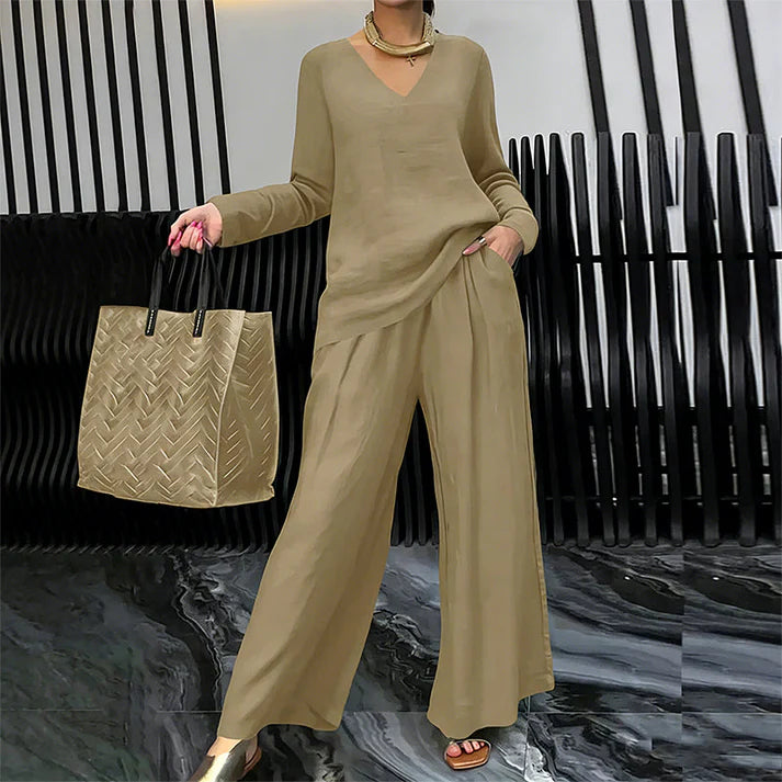 Bianca - Conjunto cómodo con cuello en V y pantalones de pierna ancha