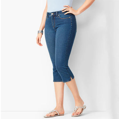 Maela - Pantalón capri vaquero elástico con abertura lateral