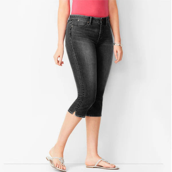 Maela - Pantalón capri vaquero elástico con abertura lateral
