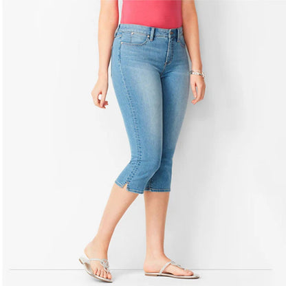 Maela - Pantalón capri vaquero elástico con abertura lateral