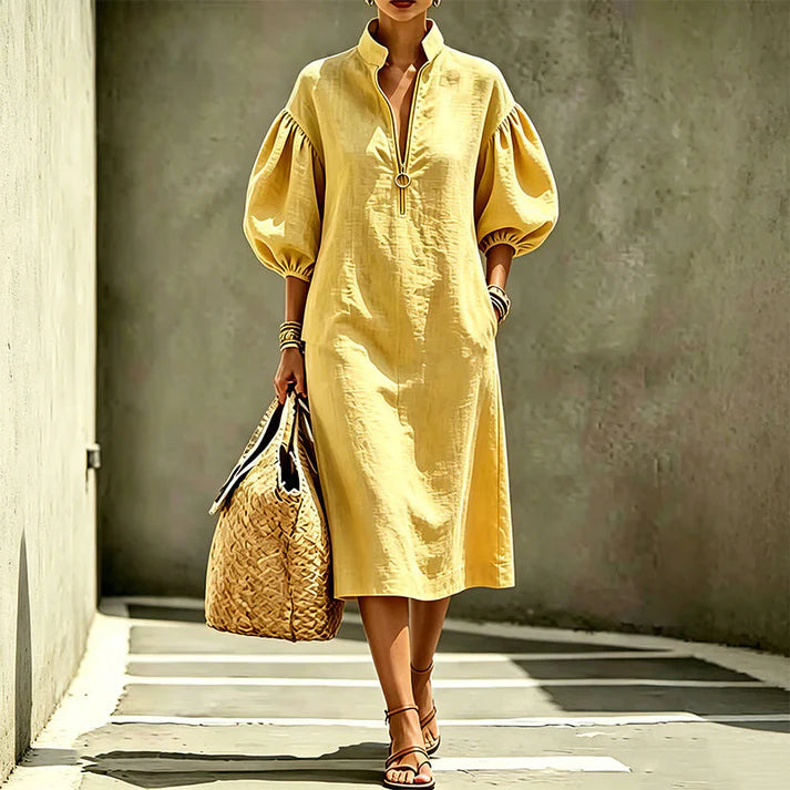 Amaia - Vestido midi con media cremallera y mangas abullonadas