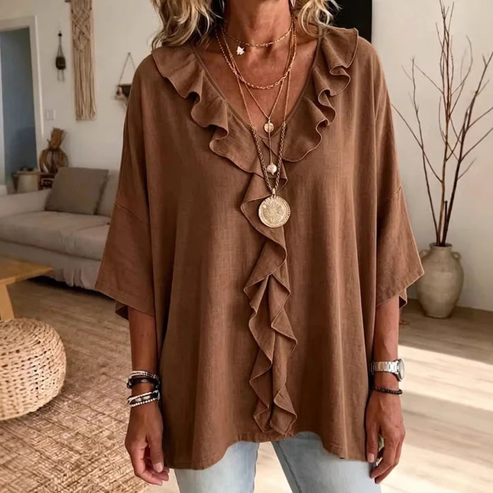 Alma - Blusa casual con escote en V y volantes