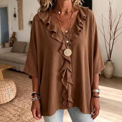 Alma - Blusa casual con escote en V y volantes