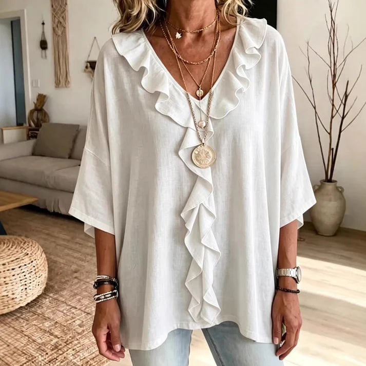 Alma - Blusa casual con escote en V y volantes