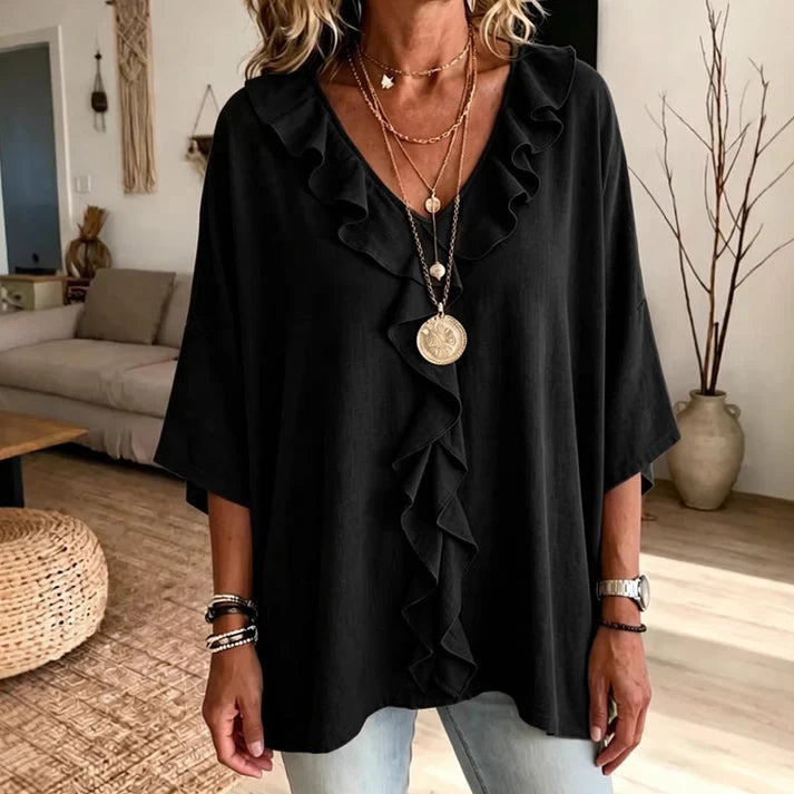 Alma - Blusa casual con escote en V y volantes