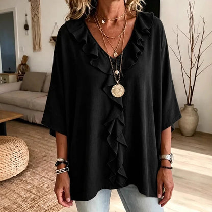 Alma - Blusa casual con escote en V y volantes